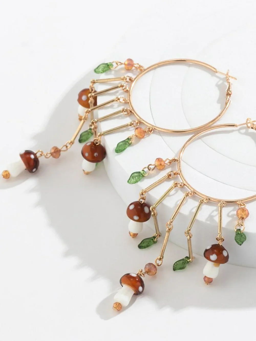 Gold Large Hoop Long Tassel Earrings Brown Spotted Mushroom Green Leaf Crystal
